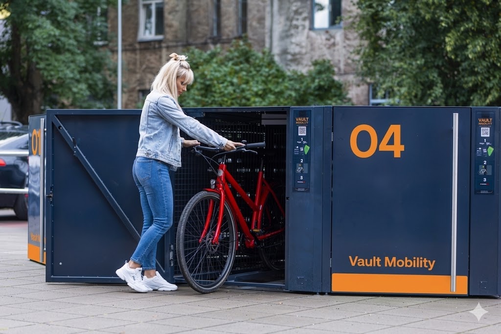 Woman parking her bike in a fully enclosed Vault Mobility smart locker