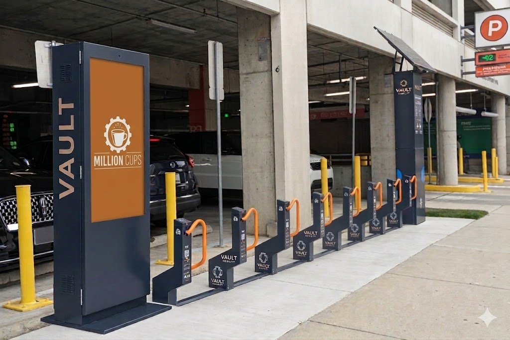Vault-branded smart bike rack station with digital advertising display and solar panel